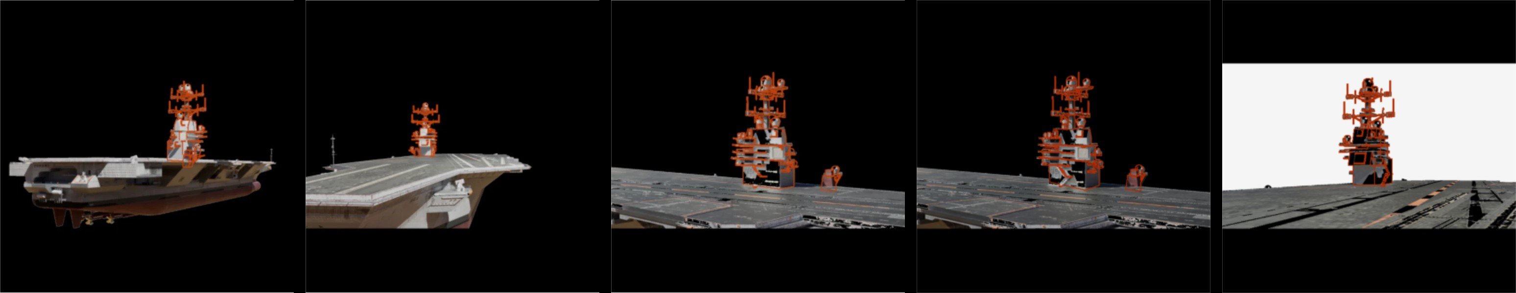 Five Blender renders with the CAD outline drawn in orange